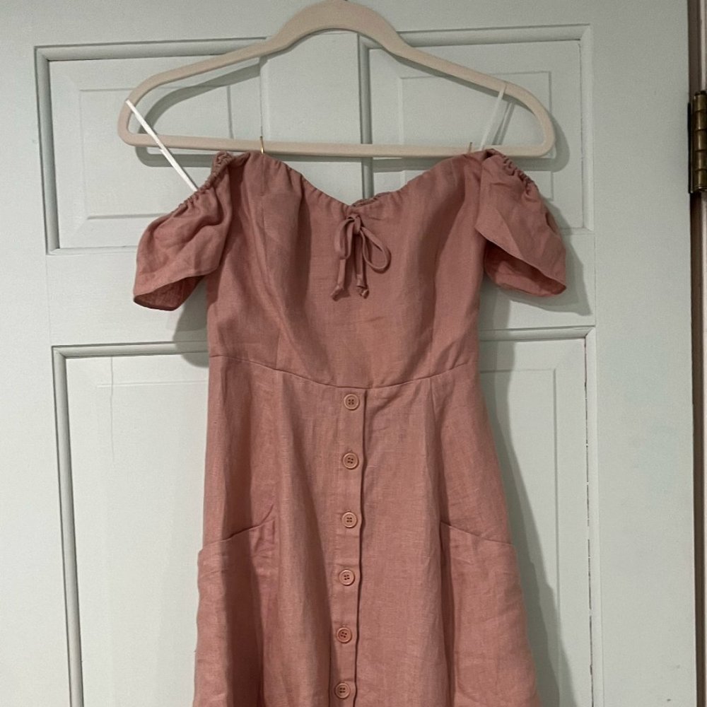 Reformation Pink Linen off the shoulder Dress
